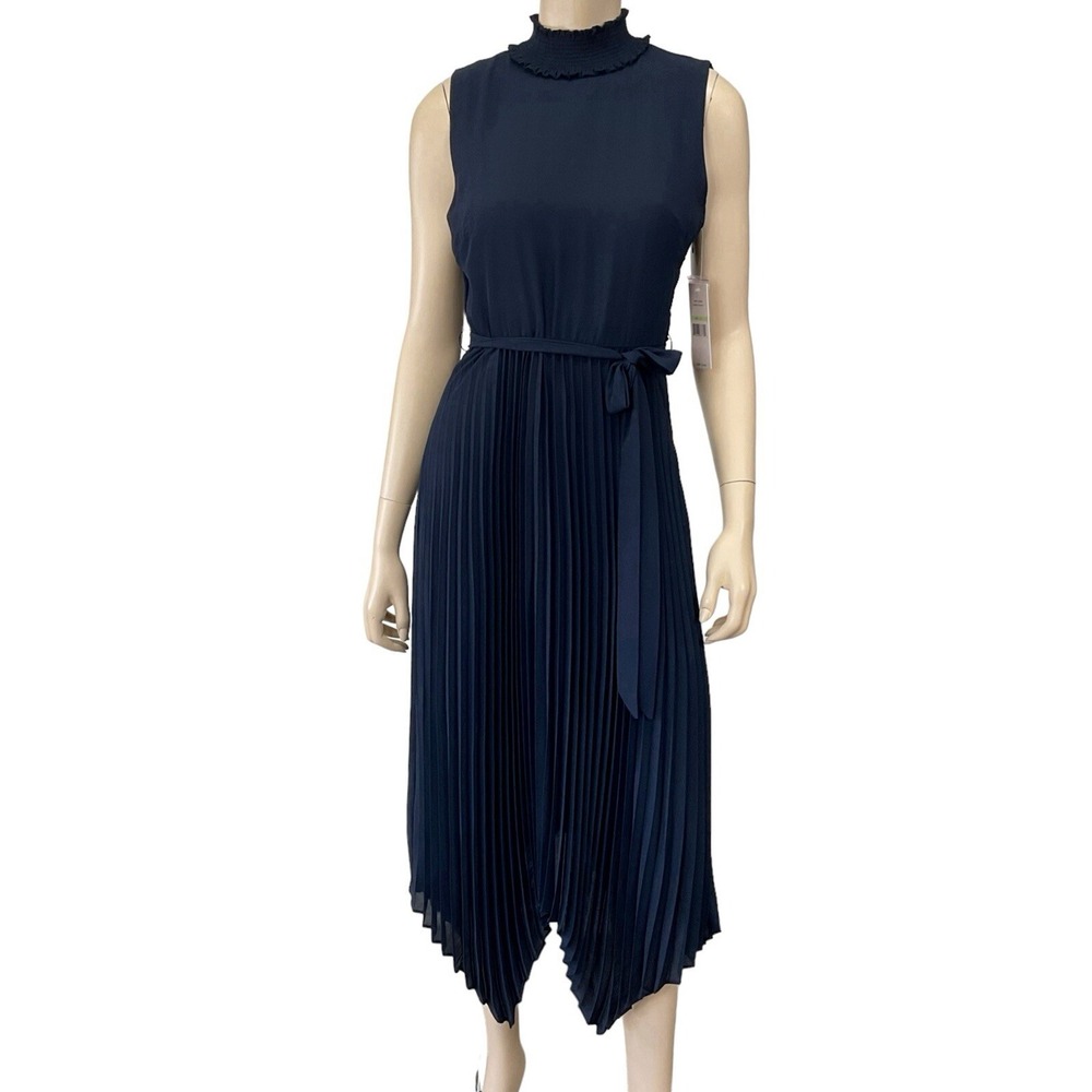Nanette Lepore Dress Women 4 Dark Blue Sleeveless Pleated Fit Flare Midi NWT